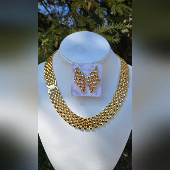 Vintage Premier Designs Panther Link Collar Necklace Gold Tone / Avon Eartings - Picture 11 of 16